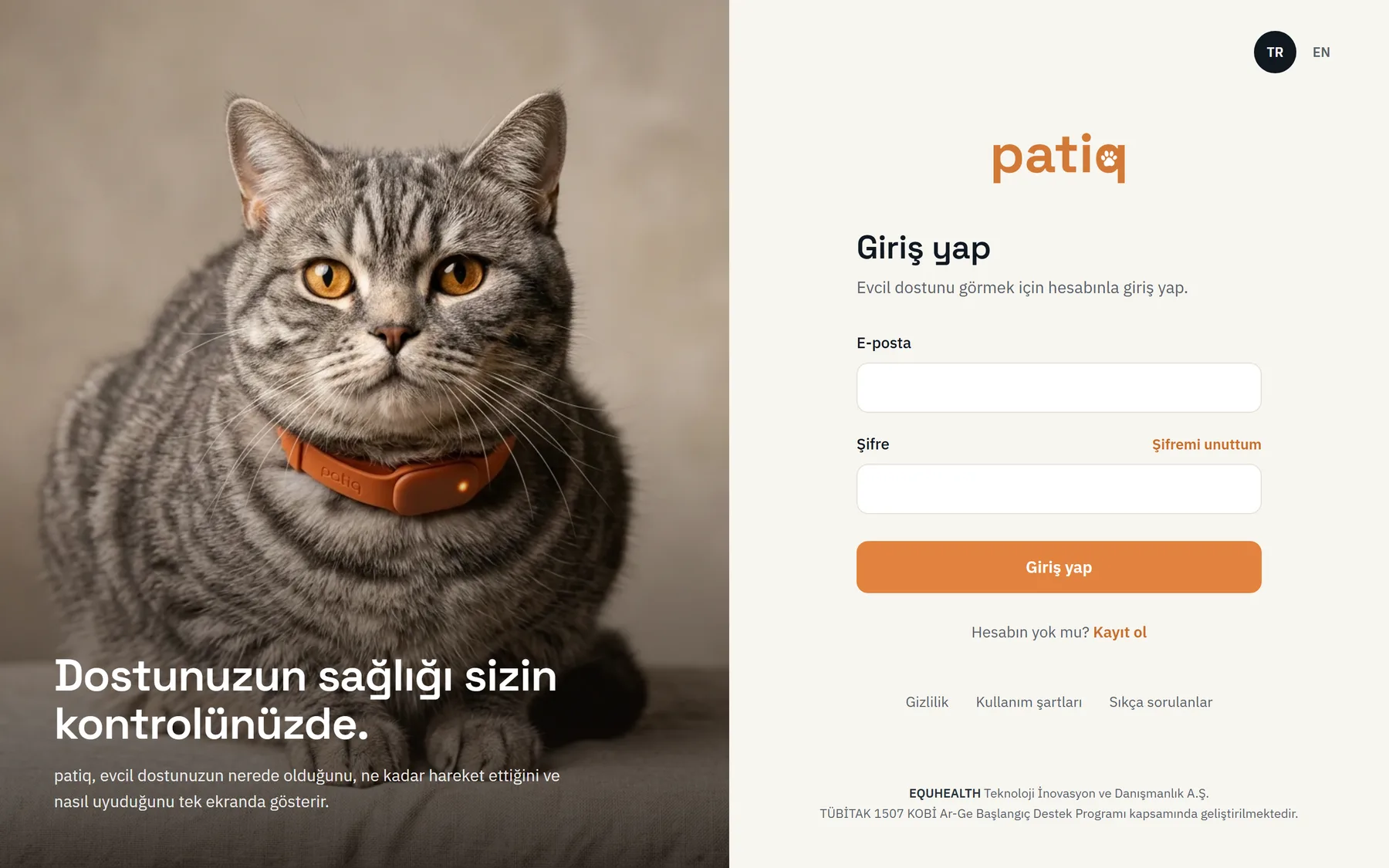 patiq uygulamasının bilgisayardaki giriş ekranı